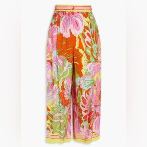 Dolce & Gabbana Cropped‎ Pink Floral Printed Silk Wide Leg Pants Designer Luxury